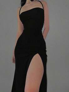 Vestido elegante de unicolor y sexy con espalda descubierta y abertura alta, para fiestas y eventos casuales de verano en color negro - Negro - Ver 6