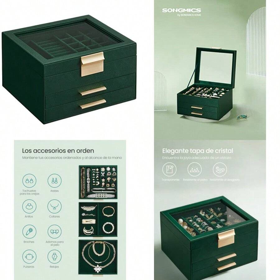 SONGMICS Caja de Joyas Caja Joyero de Estuche de Joyería 2 Cajones Tapa de Cristal Amplio Espacio y Dorado MJBC239C01 - Verde Bosque Dorado - Ver 1