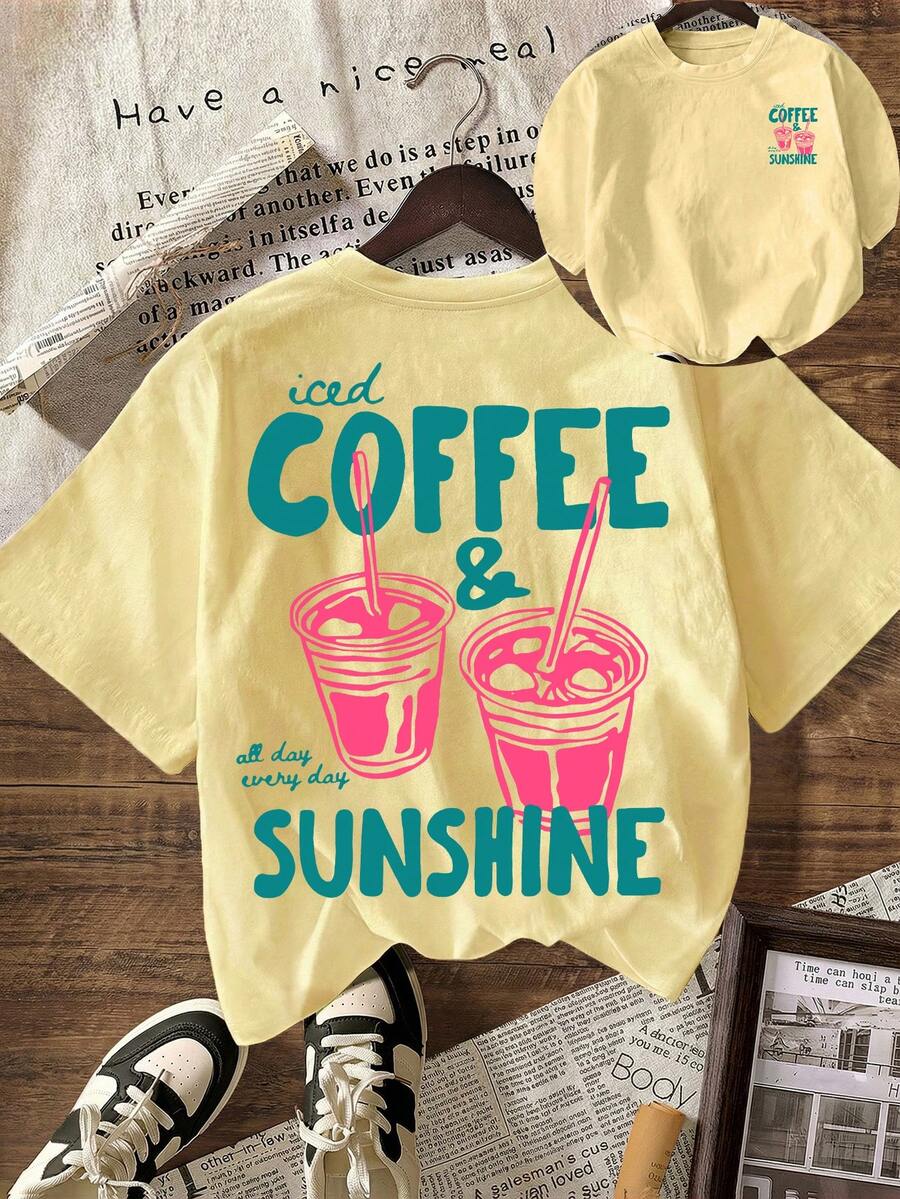 COFFEE CLUB Grafik T-Shirt, Damen Lässig Rundhals Kurzarm T-Shirt, geeignet für Sommer, Urlaub, Strand - Hellgelb - Übersicht 1