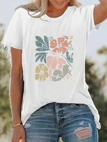 New Collection: Women's Floral Print T-Shirt, Ideal For Casual Outings And Holidays, Short Sleeve, Round Neck, Perfect For Spring And Summer, Machine Washable, Versatile For Streetwear, Flattering Cut, Stylish - 白色 - 查看 1