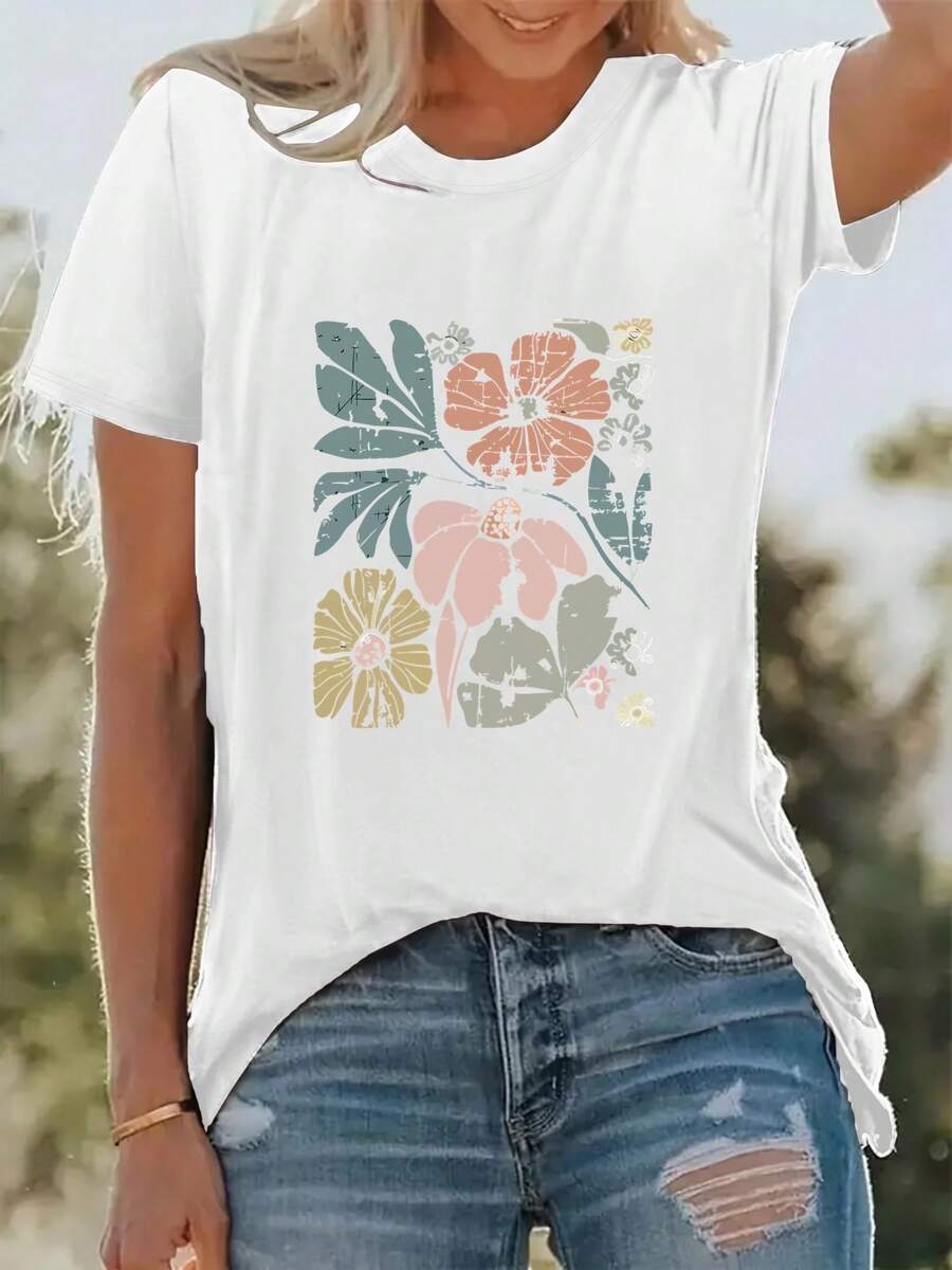 New Collection: Women's Floral Print T-Shirt, Ideal For Casual Outings And Holidays, Short Sleeve, Round Neck, Perfect For Spring And Summer, Machine Washable, Versatile For Streetwear, Flattering Cut, Stylish - 白色 - 查看 1