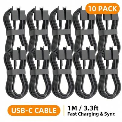 10条PD 100W USB Type-C转C快充线，适用于S22 S23 S24 S25 Plus Note Ultra A53 A54充电数据线