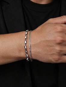 1pc Vintage Men's Stainless Steel Multi-Layer Chain Bracelet, Silver Color, Multi-Layer Bangle For Daily Casual Wear - Silver - View 4