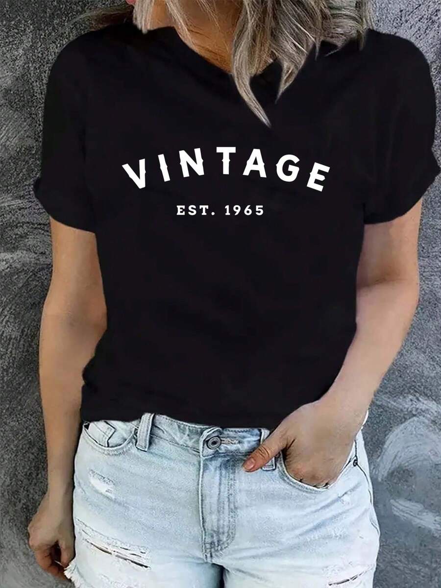 Vintage, Vintage Style Women' S Casual Short Sleeve Top, Comfortable Fit, Sisters Dress, Necessary For Outdoor Travel, Women's Tshirt, Spring And Summer Tshirt - 黑色 - 查看 1