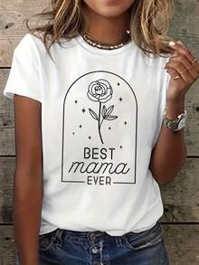 Camiseta de impresión de la mejor mamá jamás rosa de las mujeres - manga corta cuello de tripulación blusa casual con rosa, estiramiento medio adecuado para verano y primavera, regalo lavable en máquina para mamás - Blanco - Ver 2