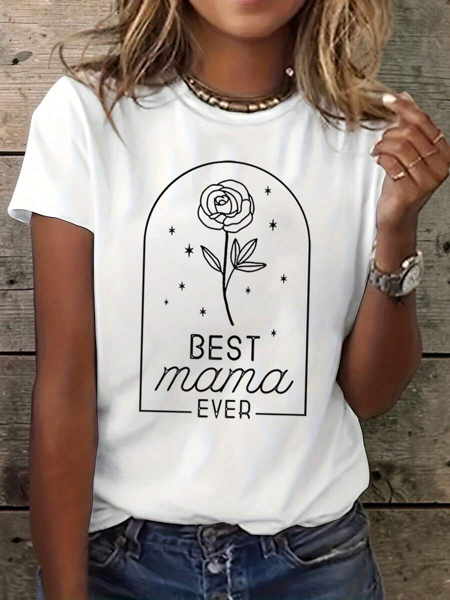 Camiseta de impresión de la mejor mamá jamás rosa de las mujeres - manga corta cuello de tripulación blusa casual con rosa, estiramiento medio adecuado para verano y primavera, regalo lavable en máquina para mamás