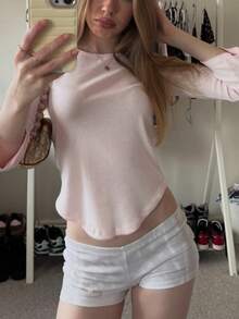 Women's Y2k Lace Trim Shirts Solid Color Boat Neck 3/4 Sleeve Asymmetrical Hem Slim Fit Crop Tops Daily Casual Going Out Basic Tees Streetwear - 粉色 - 查看 7