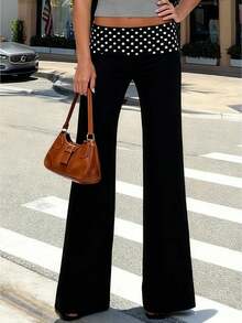 Women Y2K Loose Pants Polka Dot Waistband Low Waist Wide Leg Trousers for Daily Casual - Negro - Ver 1