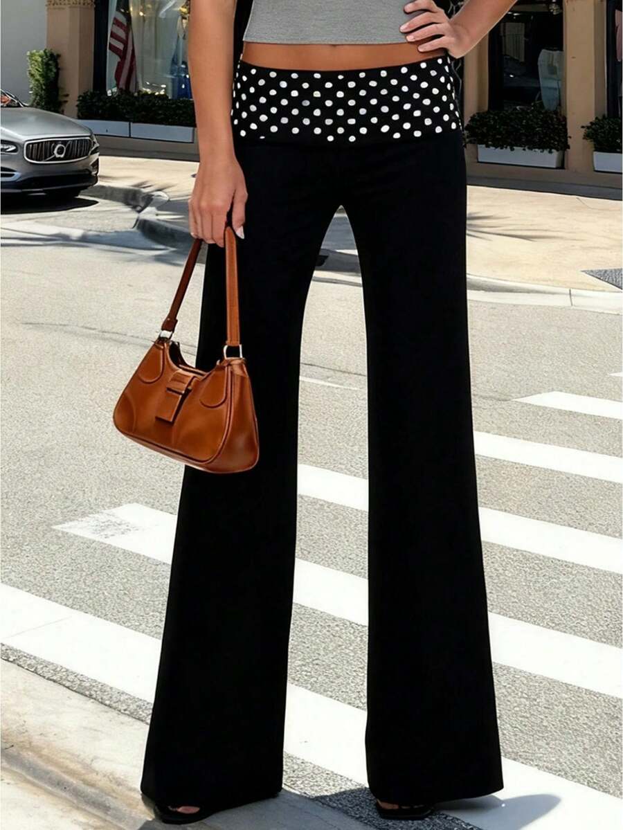 Women Y2K Loose Pants Polka Dot Waistband Low Waist Wide Leg Trousers for Daily Casual - Negro - Ver 1