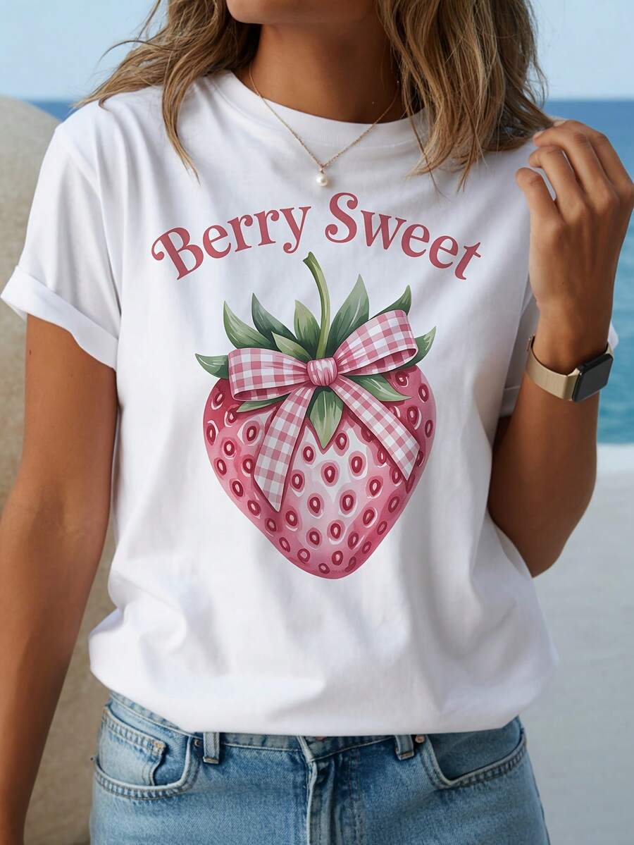 Cute Strawberry Graphic Tee For Women With Pink Plaid Bow And Green Leaf Topping - Sweet Berry White Casual Short Sleeve Crew Neck Tee, Soft Everyday Summer Tee For Women, All Season Comfortable Fruit Design - 白色 - 查看 1