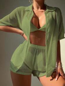 Basics Set de 2 piezas de kimono de unicolor de manga corta y shorts para mujer para vacaciones - Verde 2 - Ver 1