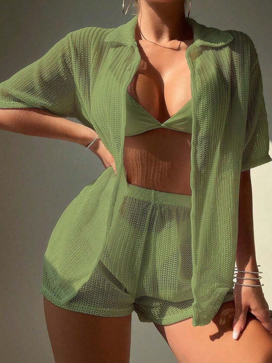 Basics Set de 2 piezas de kimono de unicolor de manga corta y shorts para mujer para vacaciones - Verde 2 - Ver 1