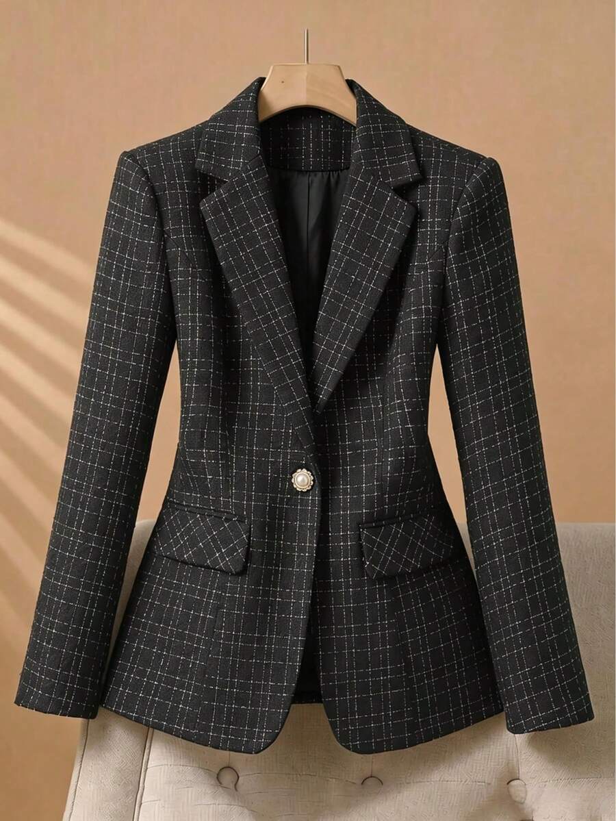 Women's Casual Checkered White Blazer, Versatile And Slimming Black Fall - Black - View 1
