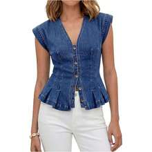 3 Colors V-Neck Peplum Denim Top, Sleeveless Button Down Corset Waist Blouse, Slim Fit Casual Summer Shirt For Women - 深藍色 - 查看 3