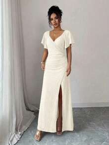 Elenzya Vestido morado claro con cuello en V, mangas con volantes, cintura plisada y abertura, vestido elegante de dama de honor, vestido de fiesta, primavera/verano - Albaricoque - Ver 4