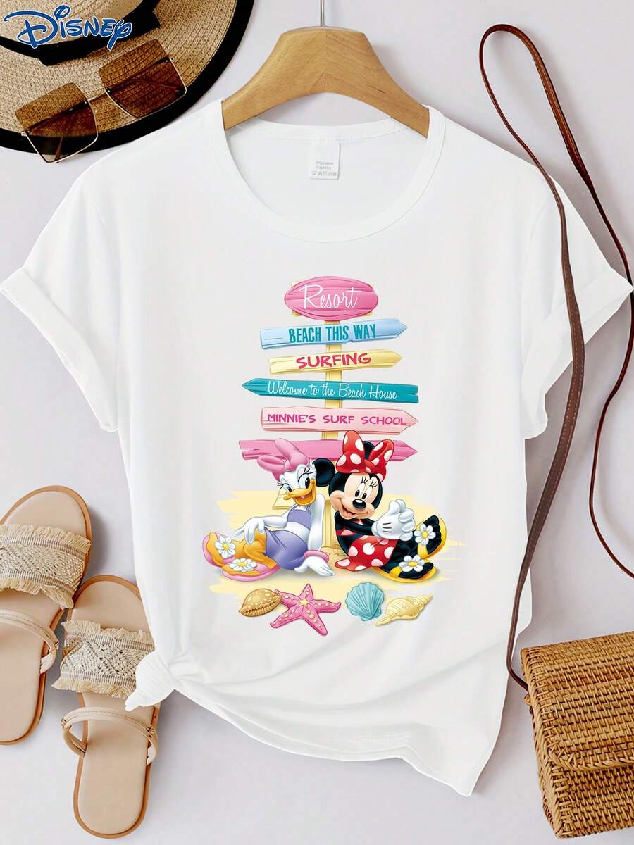 Disney 一件女士短袖T恤，迪士尼米妮和黛丝鸭图案印花，圆领，略带弹性，易打理面料，适合日常穿着，时尚女士短袖T恤，休闲服饰 - 白色 - 查看 1