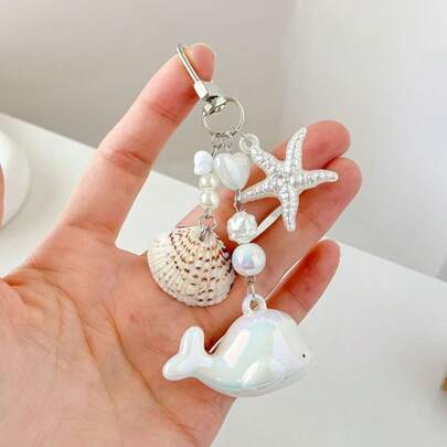 3D Shiny Dolphin Keychain Cute Starfish Seashell Pearl Bag Charm Aesthetic Ocean Style Backpack Purse Clothing Accessories