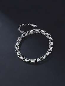 1pc Vintage Men's Stainless Steel Multi-Layer Chain Bracelet, Silver Color, Multi-Layer Bangle For Daily Casual Wear - Silver - View 2