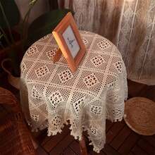 1 pieza Mantel de ganchillo de estilo rústico hecho a mano con forma cuadrada, adecuado para mesa de café, tocador, decoración de pared, con flecos - Beige - Ver 2