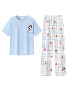 Gongdie Bộ 2 món đồ ngủ nữ Disney, bộ đồ ngủ ngắn tay cotton mùa hè, họa tiết kẻ caro thoải mái mặc ở nhà - Màu xanh nhạt - Xem 7