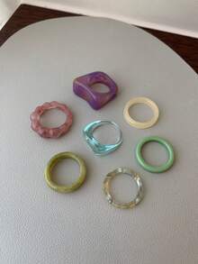 CHOSHILAR Set de 7 anillos de resina de gelatina transparente, multicolor, estilo Hyun-A apilables para mujeres (Nota: Cada anillo tiene un patrón único debido al proceso de teñido anudado hecho a mano, y puede haber ligeras variaciones de color entre lotes) - Color 28 - Ver 2