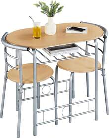 Modern 3 Piece Dining Table Chairs Set For Small Space Kitchen Breakfast Nook With Steel Legs Storage White Compact Dining Furniture - Natural - View 10