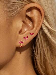 3 piezas/Set Pendientes de botón de acero inoxidable chapado en oro de 18K con circonita en forma de mariposa y hoja para mujeres, pendientes de cartílago hipoalergénicos - 1-Oro-3 piezas - Ver 2