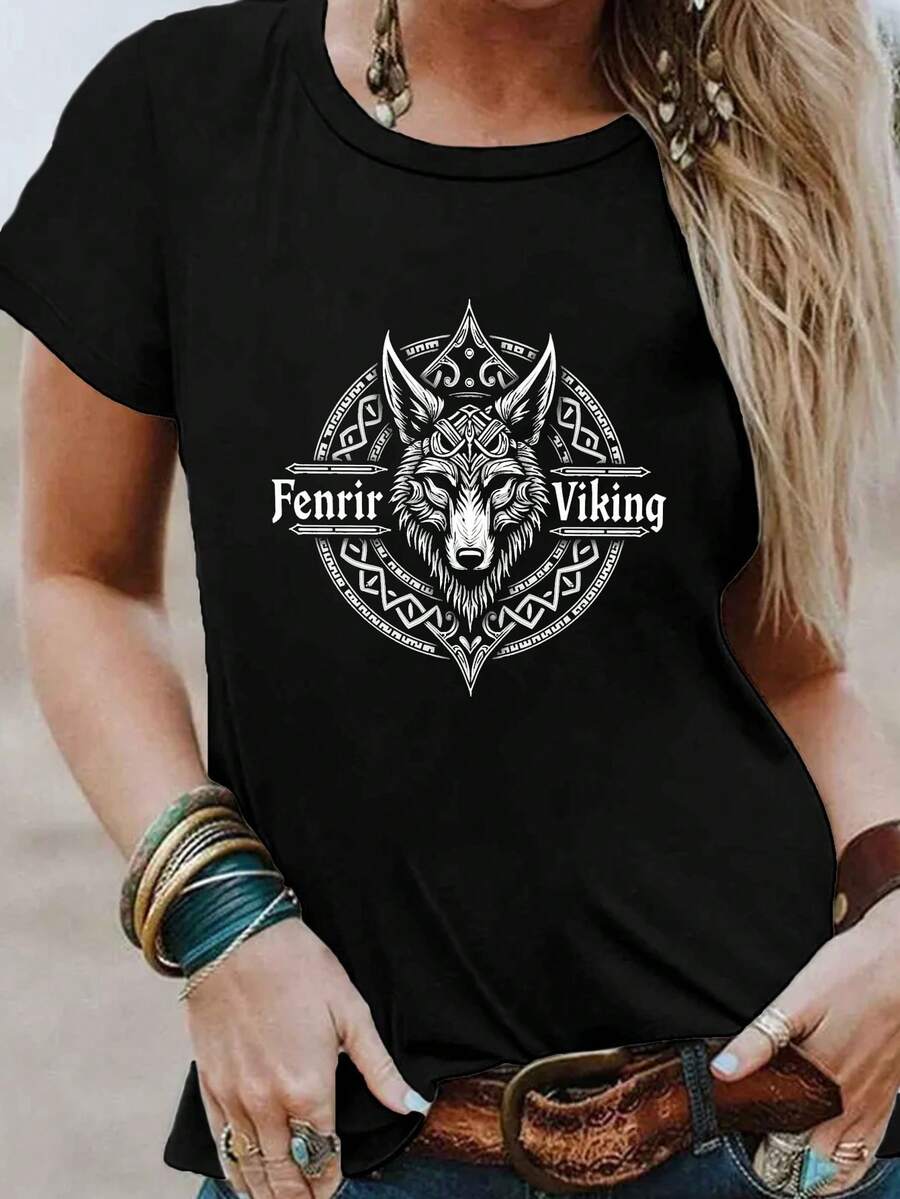 Celtic Knotwork Wolf Head Print T-Shirt, Short Sleeve Crew Neck Casual Top For Summer And Spring, Women's Clothing - Hitam - View 1