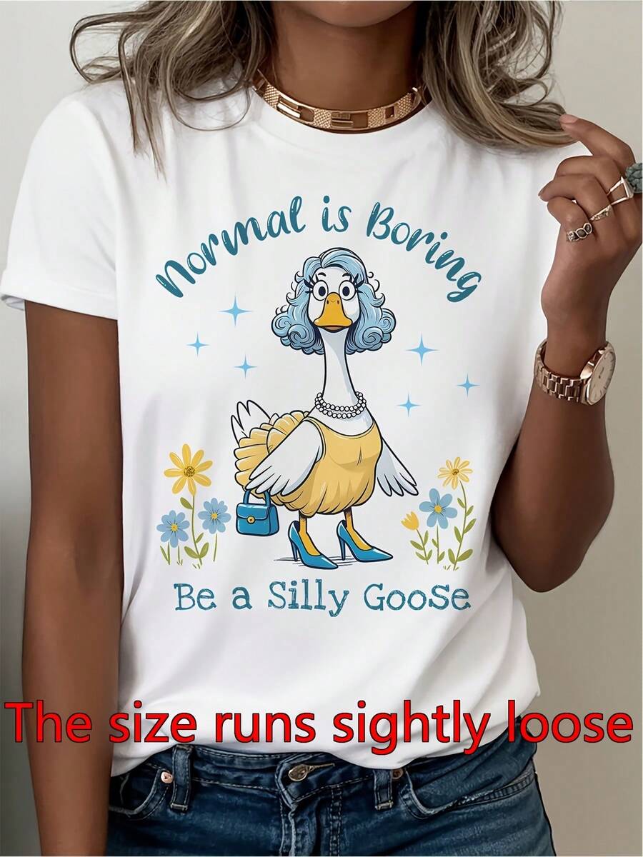 Camiseta ligera de mujer - mangas cortas de cuello redondo, impresa con la frase divertida "Ser un pato tonto", hecha de tela elástica media cómoda, adecuada para la primavera, el verano y el otoño, un regalo ideal para las mujeres