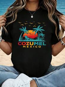 Cozumel, Mexico - A Creative Design Featuring A Retro Sunset Beach Chair, Perfect For A Relaxed Vacation Vibe, Printed On A Women's Crew Neck T-Shirt For Spring And Summer - Black - View 1