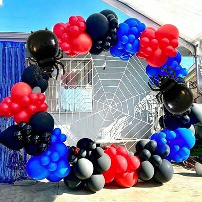 80pcs/Set Spider Black, Blue, Red Balloon Arch Set, Includes Black Spider Foil Balloons, Black, Blue, Red Latex Balloons, Suitable For Horror Black Theme Party, Birthday Decoration, Spider Theme Party, Photo Booth Decor, Outdoor Entrance Decor, Spider Party Atmosphere Decoration Props, Spider Theme Birthday Party Supplies, Superhero Theme Party Decor And Boy/Girl Birthday Background