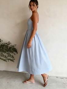 2026 Spring New Women's Clothing, Cross-Border European And American Dress, Sexy Waist-Cinching Pleated Solid Color Large Hem Strap Dress - 藍色 - 查看 2