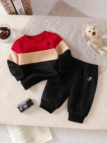 Baby Boy Cartoon Print Crew Neck Long Sleeve Warm Sweatshirt And Pants Set - Multicolor - View 2