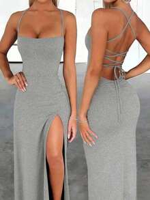 Vestido elegante de unicolor y sexy con espalda descubierta y abertura alta, para fiestas y eventos casuales de verano en color negro - Gris Claro 2 - Ver 6