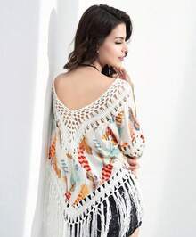 Women's Swimwear Hand-Crocheted Printed Patchwork Tassel Bikini Beach Cover-Up - Orange - View 3