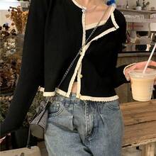 小香風長袖ニットセーター オーバーコート 女性向け 秋季デザイン感あふれる 少人数目 締めの短い上着 - アプリコット色のキャミソールツーピースセット - チェックする 4