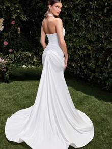 Elegant Halter Satin Mermaid Wedding Dress, Ruched Bodice, High Slit Train Skirt, Modern Bridal Style, Evening Party Dress,Birthday Party Dress,Country Wedding,Church Ceremony Wedding Dress,Suitable For Wedding,Birthday Party,Formal Dresses For Women,Includes Plus Sizes, Dating,Party,Singles' Party,Vacation,Formal Occasions,Dinner Dress,Prom Dress,Homecoming Dess,Cocktail Party,Wedding Guest Dress,Graduation - trắng - Xem 5