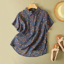 Camisa con estampado Floral Vintage para mujer, blusa informal holgada de manga corta con bolsillo, Top cómodo suave y fino para uso diario, moda de verano - Azul - Ver 4