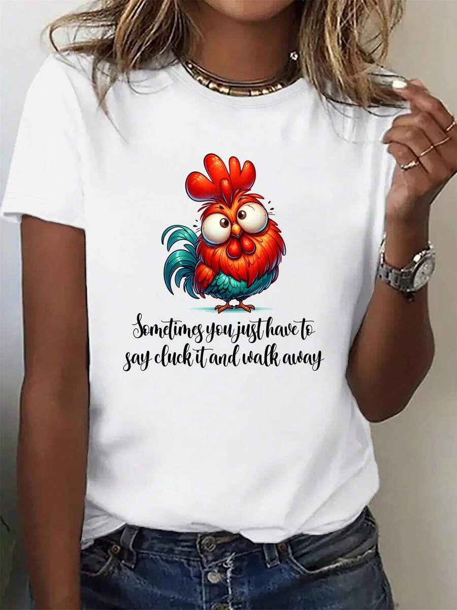 Fun And Relaxation! Funny Rooster "Let It Go" T-Shirt - Fashionable Casual Women's T-Shirt With Sporty Energetic Print - Comfortable Short Sleeve Crew Neck Top For All Seasons - 白色 - 查看 1