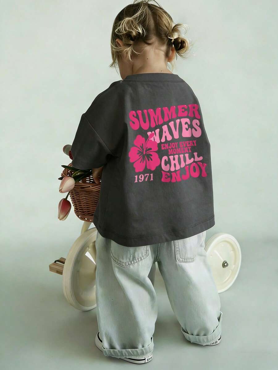 Baby Girls' Minimalist Floral & Letter Print Round Neck Short Sleeve Cute Top - Dark Grey - View 1