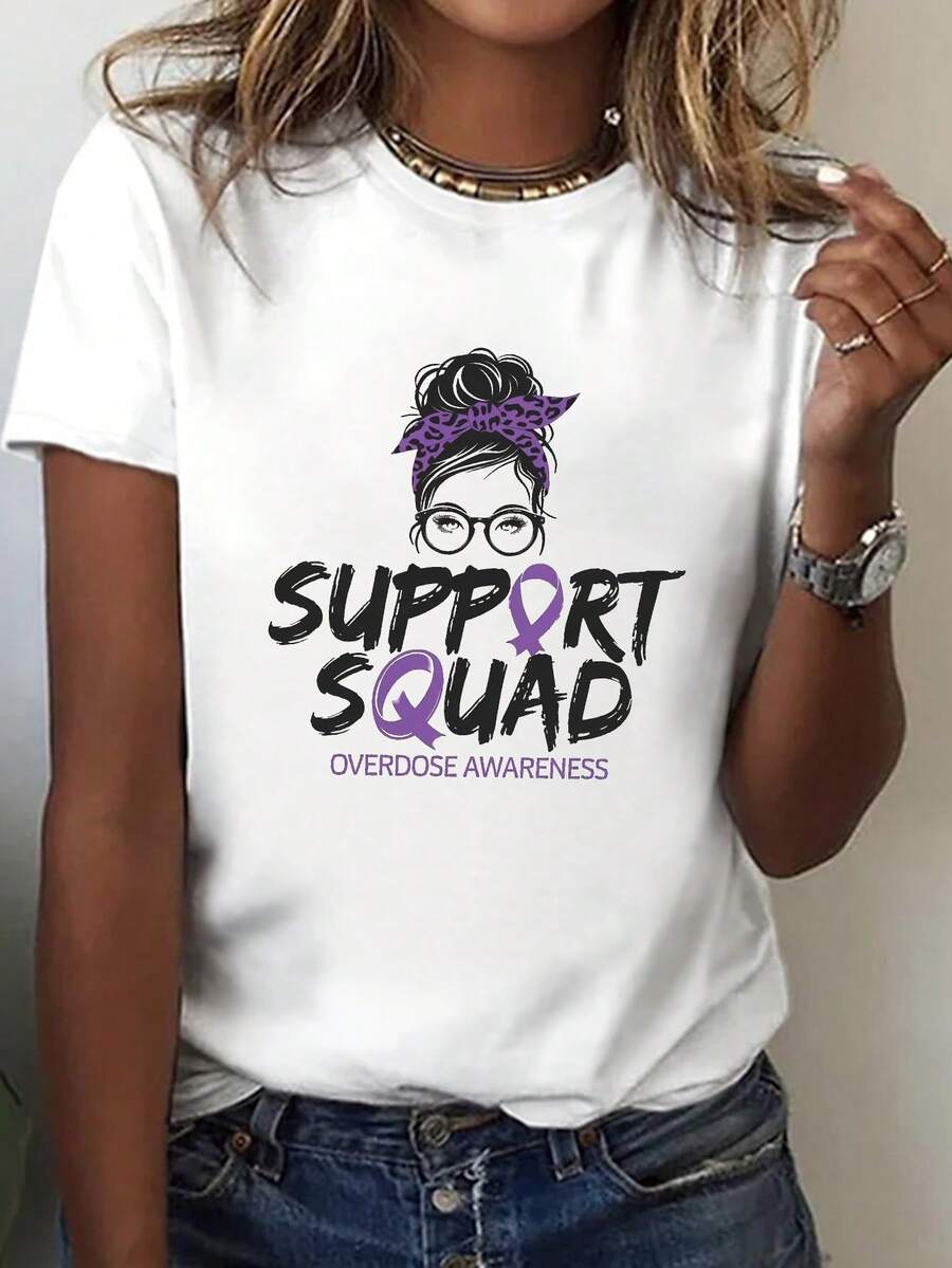 Camiseta de cuello de tripulación de manga corta de mujer con el equipo de apoyo a la conciencia, perfecta para la primavera y el verano