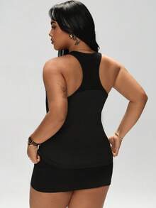 1pc Plus Size Sleeveless Sports Tank Top, Racerback Design, Casual Workout Yoga Outdoor Fitness Basic Solid Color Vest With Pocket At Back, Suitable For Spring, Summer, Autumn, Winter - Black - View 4