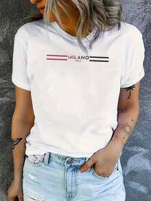 Women's Fashionable Y2K Vibrant Color Short Sleeve T-Shirt - Classic Letter Print, Easy Machine Wash, Comfortable Sporty Crew Neck, Polyester Blend, Perfect For All Seasons, Available In Multiple Colors. Ideal For Birthday Parties - 白色 - 查看 1