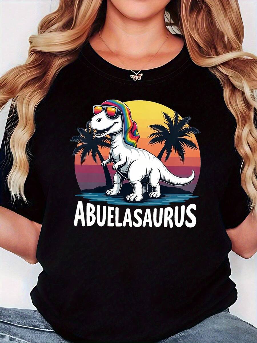 Abuelasaurus Dinosaur Abuela Humor Impresión gráfica camiseta | Camiseta casual de cuello tripulación de manga corta de primavera-verano de mujer, ocio diario, regalo de vacaciones