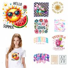 9PC DIY iron on transfers for tshirts,  Hello Summer Sun With Sunglasses And Watermelon   Oh My Stars Floral Design   Summer Vibes Colorful Text   Tequila Social Club Cocktail Theme   Good Vibe State Of Mind Sun Symbol   Family Cruise Memories For A Lifetime   Checkered Background With Turtle And Balloons   Fish And Wave Pattern   Coiled Spring Design , Easy Heat Transfer for Clothing, T-Shirts, Jeans, Backpacks, Hats & Pillows,  Washable Stickers Perfect for Casual Style, Ideal Gift for - Zufälliger Stil - Übersicht 1