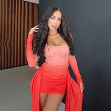 Elegant Orange Strapless Bodycon Dress For Women With Long Sheer Sleeves And Midi Length For Parties - 橘色 - 查看 9