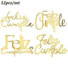 4 pièces/12 pièces Ensemble de décorations de gâteau d'anniversaire en acrylique doré "Joyeux anniversaire" en espagnol pour les fournitures de fête latine - multicolore - Voir 10