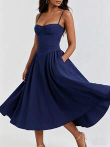 2026 Spring New Women's Clothing: Cross-Border European And American Dress, Elegant French Retro Waist-Cinching Strap Dress - 深藍色 - 查看 2