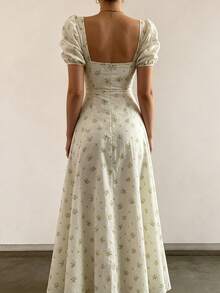 2026 Spring New Women's Clothing: Cross-Border European And American Dress, Elegant Floral Print Long Dress With Slit And Tie - 白綠色 - 查看 4