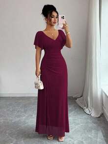 Elenzya Vestido morado claro con cuello en V, mangas con volantes, cintura plisada y abertura, vestido elegante de dama de honor, vestido de fiesta, primavera/verano - Burdeos - Ver 1
